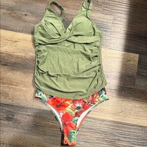 Green Tankini Top with Floral Bikini Bottom